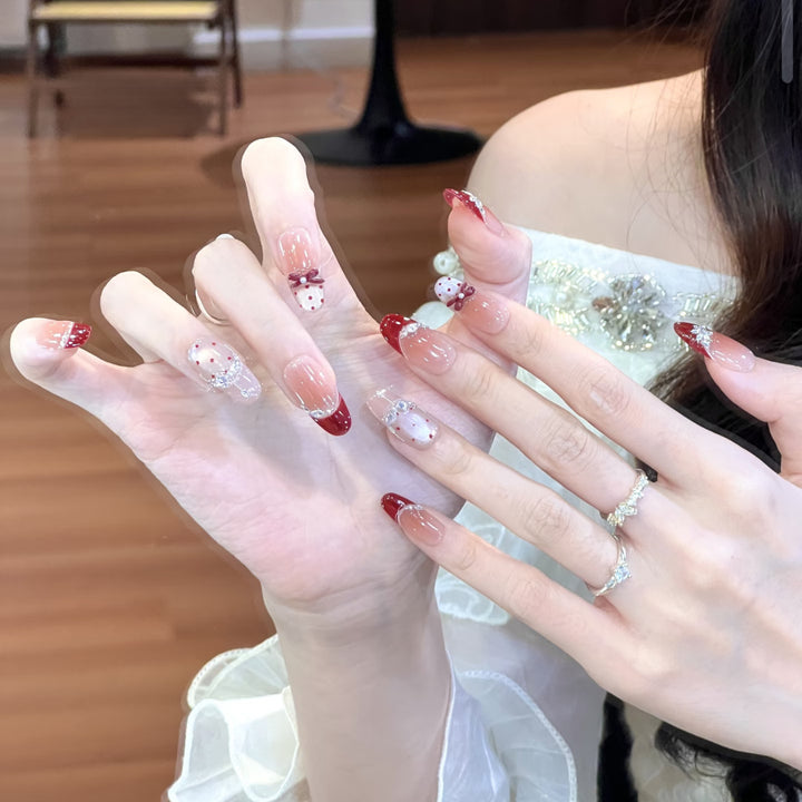 Elegant Press-On Nail Set with Heart and Bow Designs Kalsten