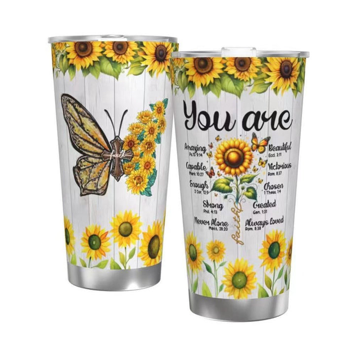 Double-Wall Vacuum Insulated Stainless Steel Travel Tumbler With Spill-Resistant Lid And Printed Cow Sunflower Design