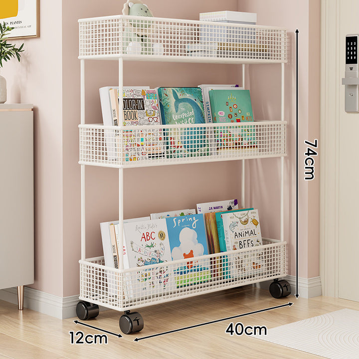 Freestanding Four‑Tier Metal Mesh Book and Display Shelf Rack