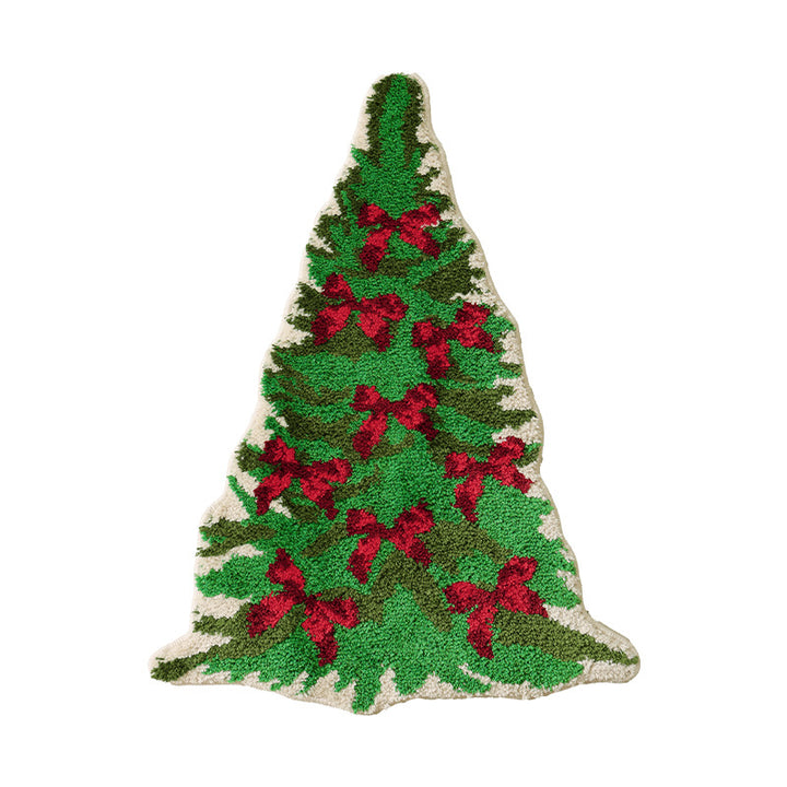 Christmas tree-shaped chenille rug with tufted bow look