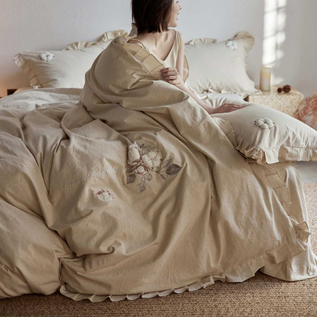 Cotton-Linen Duvet Cover Set with Ruffles and Embroidered Floral Design