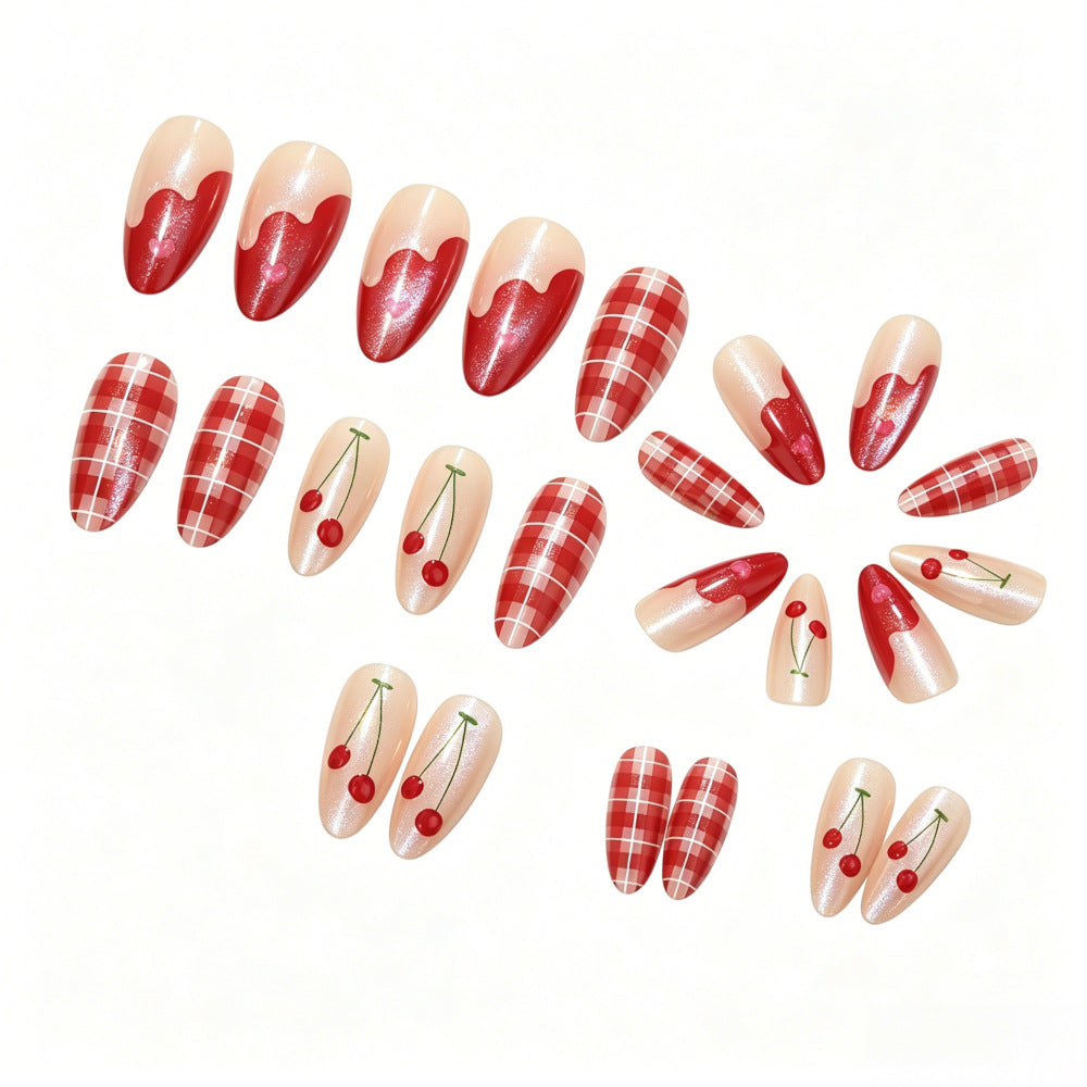 Artificial nails with romantic cherry and checkered pattern Kalsten