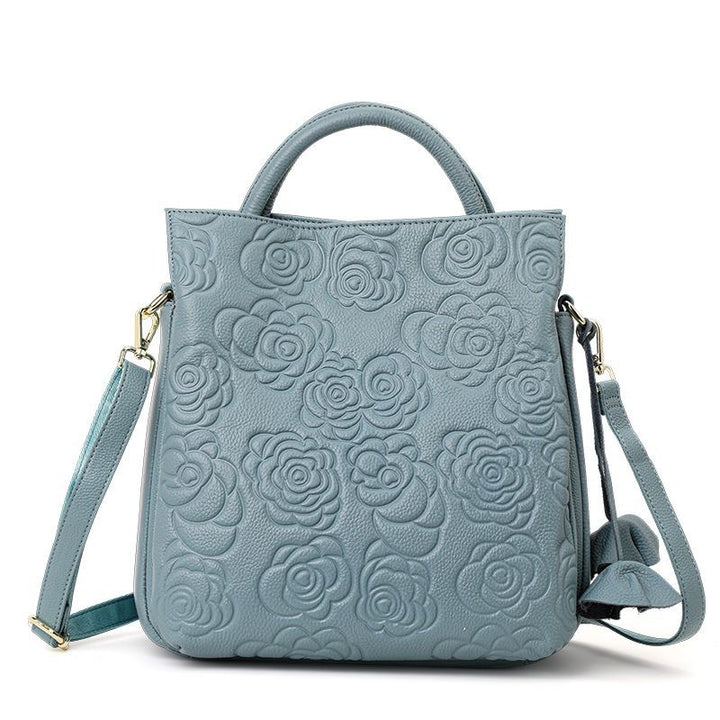 Embossed Floral Vegan Leather Top-Handle Tote with Detachable Crossbody Strap