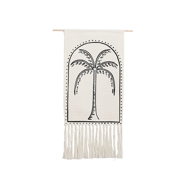 Cotton wall hanging with hand-drawn palm motif and long fringes