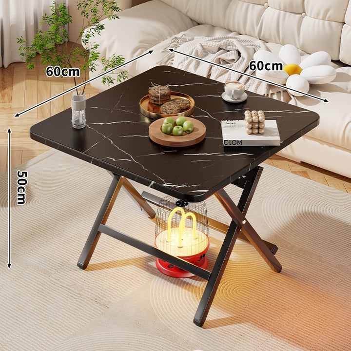 Foldable Square Coffee and Side Table with Marble-Effect Top and Collapsible X-Leg Frame
