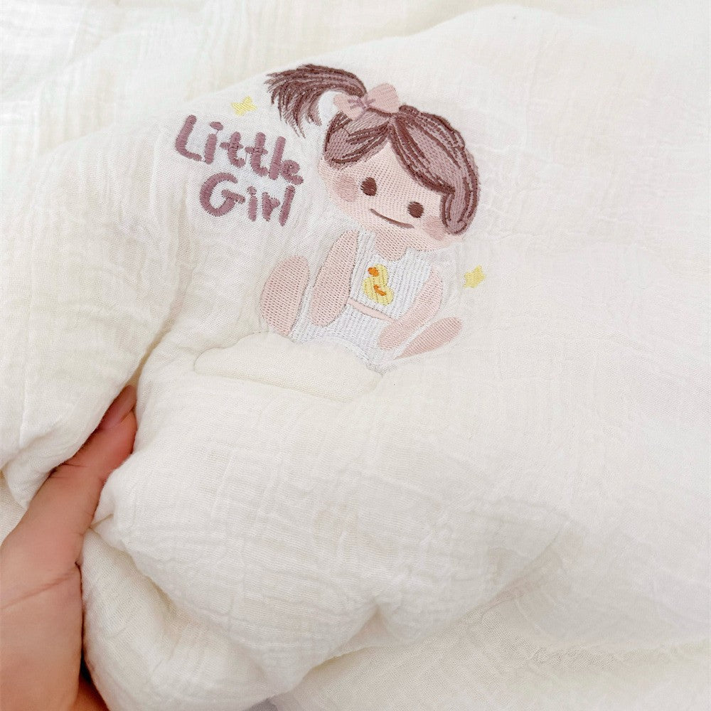 Baby cotton muslin cuddle blanket with embroidered girl motif