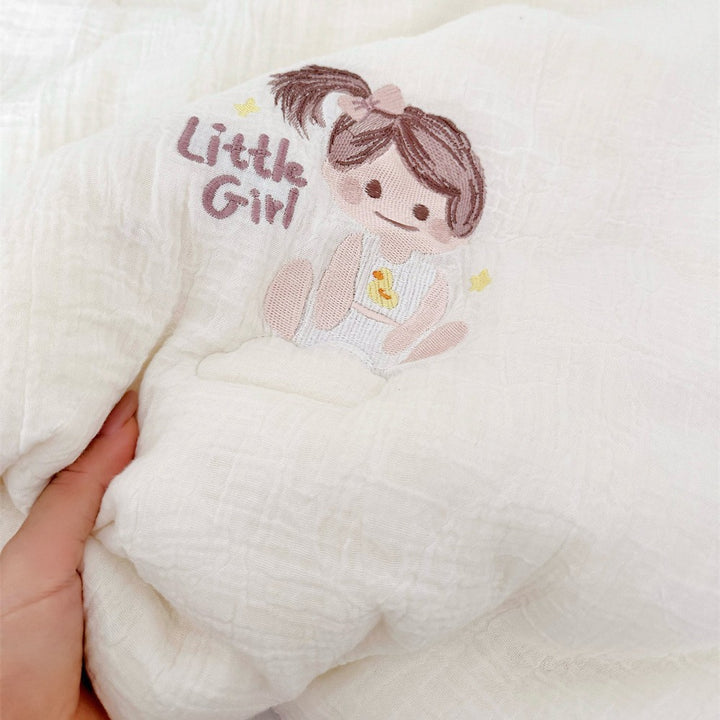 Baby cotton muslin cuddle blanket with embroidered girl motif