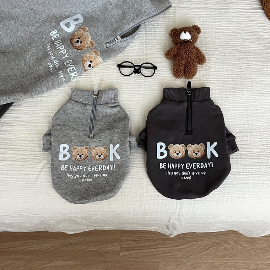 Zip-Up Cotton Blend Pet Sweater with Teddy Bear Print