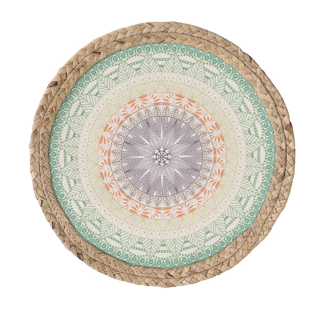 Beef seat pouf with mandala print, woven surface and braided jute edge