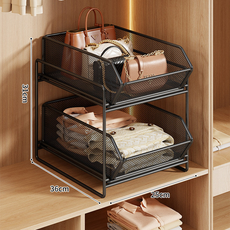 Double-Layer Metal Mesh Pull-Out Closet Organizer for Handbags and Folded Clothing
