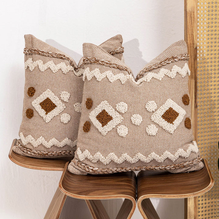 Textured Boho Geometric Tufted Throw Pillow with Braided Edge and Removable Zip Cover