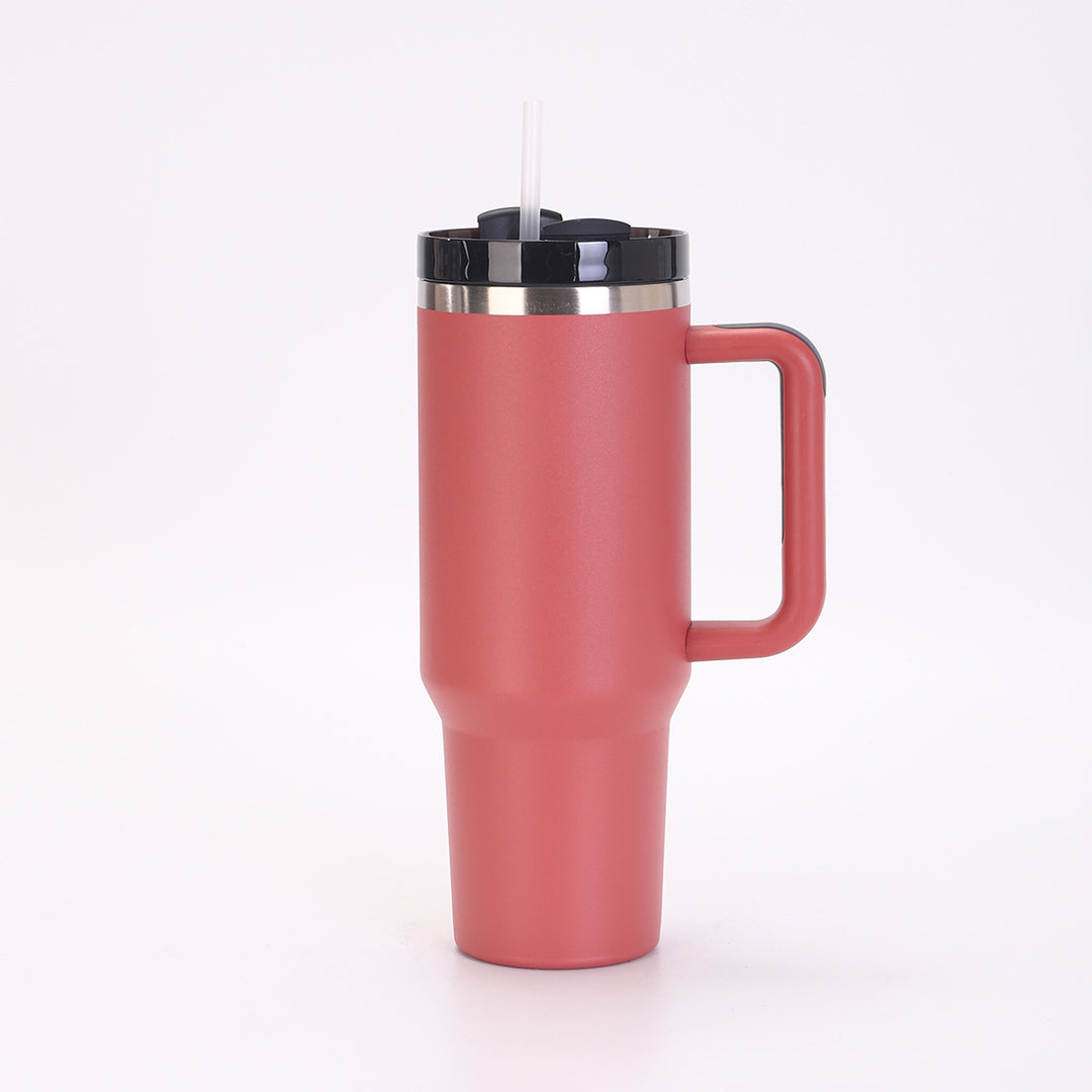 Insulated Stainless Steel Tall Travel Mug With Ergonomic Side Handle And Leak-Resistant Straw Lid
