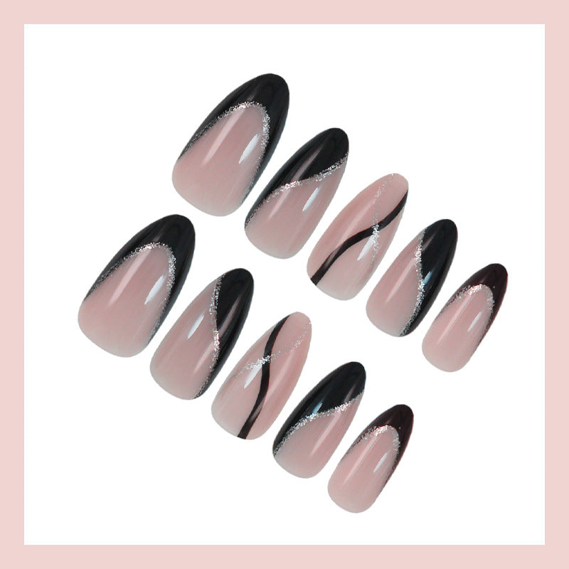 Artificial nail set with elegant black and white design and glitter accents Kalsten