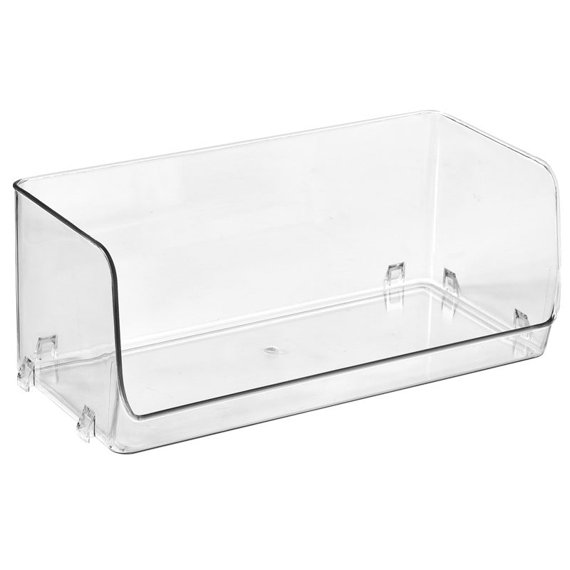 Transparent storage box with front opening, ribbed structure and integrated grip openings