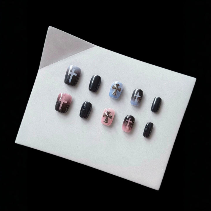 Artistic Press-On Nail Set with Cross and Ombre Design