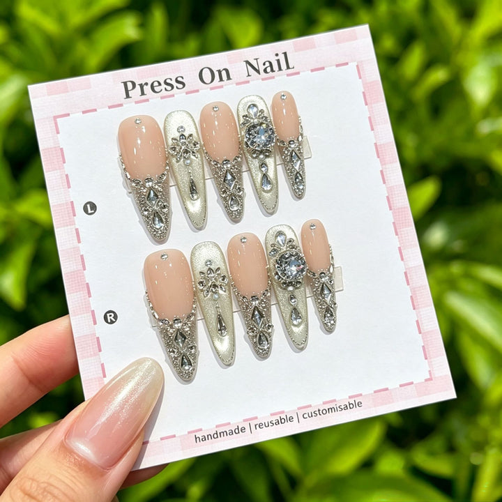 Artistic Press-On Nail Set with Floral and Graphic Designs