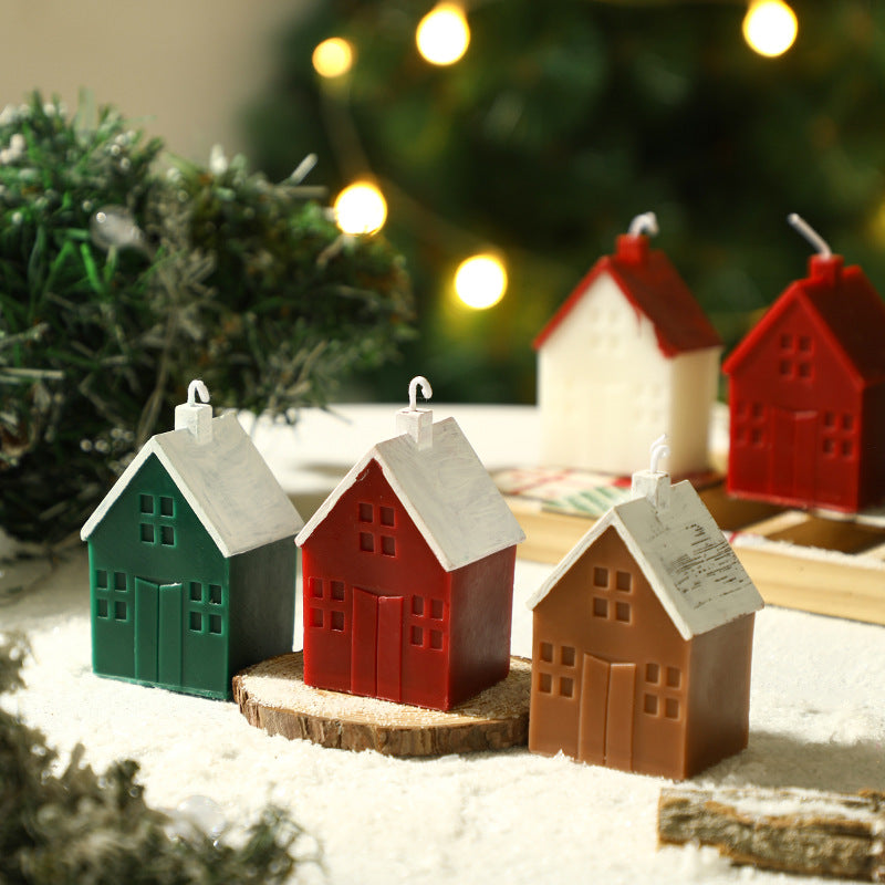 Hand-Poured House-Shaped Scented Soy Candle with Painted Roof & Chimney Holiday Table Centerpiece