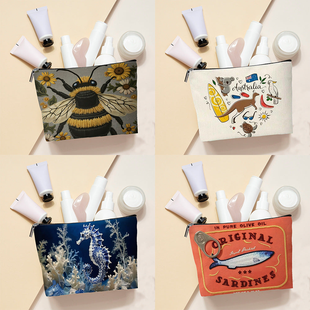 Embroidered Owl Textured Makeup Pouch With Zipper And Water-Resistant Lining