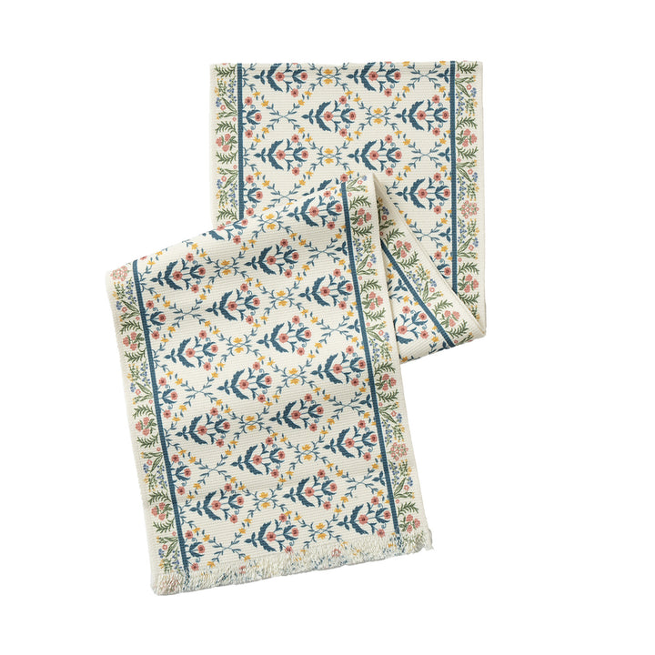 Vintage-inspired woven table runner with floral border and fringes Kalsten