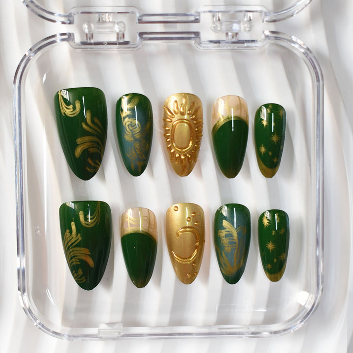 Artistic Press-On Nail Art Set with Celestial and Floral Designs Kalsten