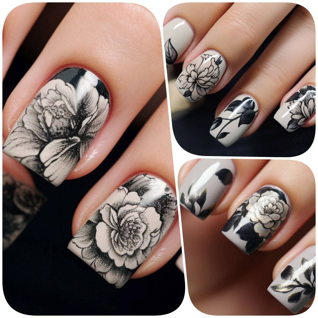 Artificial nails with floral black-and-white design Kalsten