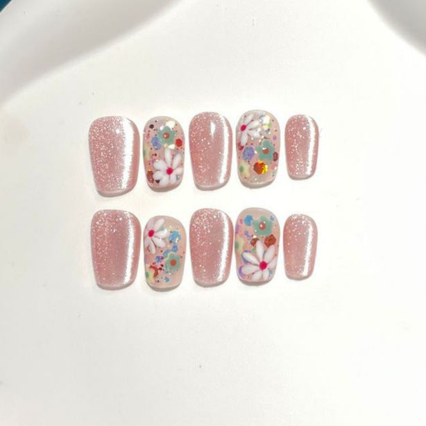 Floral and Glitter Decorative Press-On Nail Set
