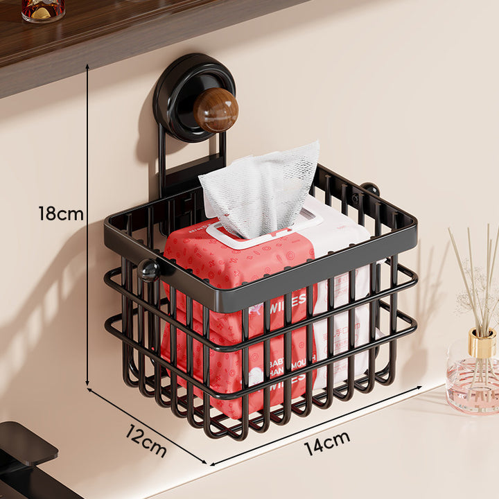 Wall-Mounted Suction-Cup Wire Basket Tissue and Wipes Organizer