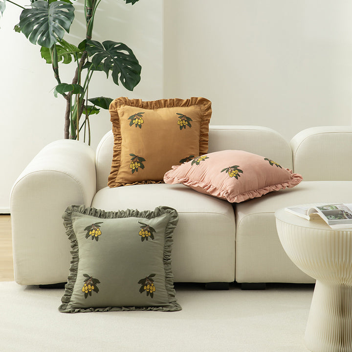 Square decorative cushion with frill edge and embroidered berry ornament made of cotton-linen Kalsten