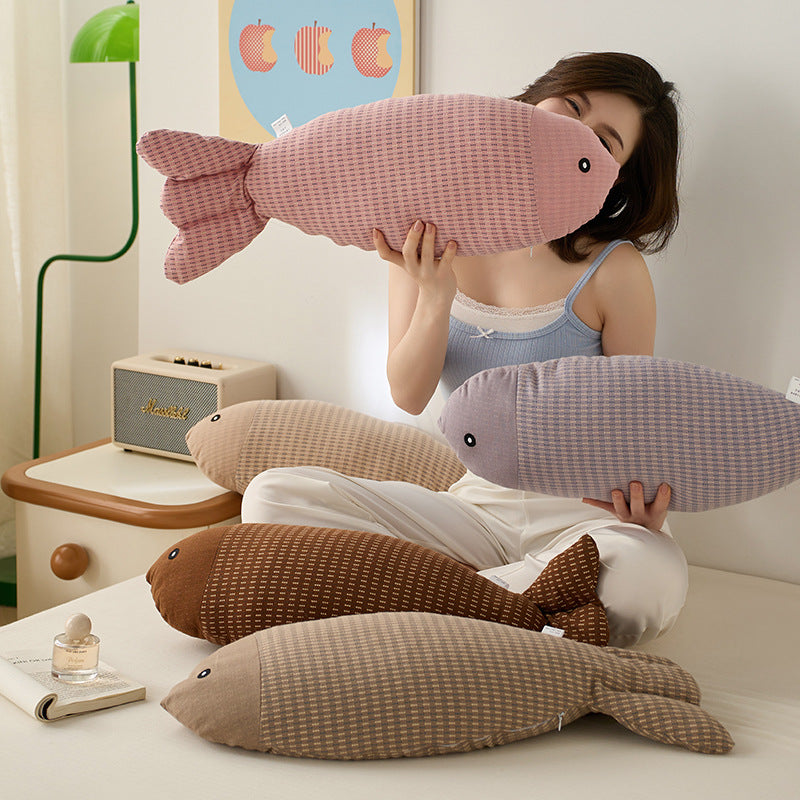 Decorative fish cuddle pillow made of textured cotton blend