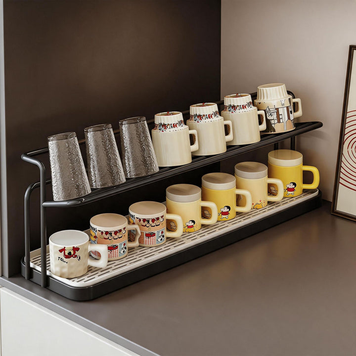 Double-Tier Countertop Coffee Mug and Dish Drying Rack with Removable Drip Tray