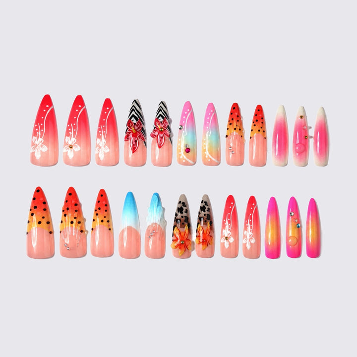 Acrylic nail set with creative floral design and glitter elements Kalsten