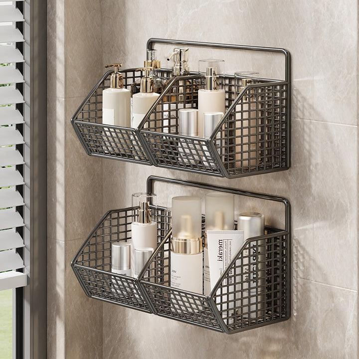 Wall-Mounted Dual-Tier Grid Mesh Bathroom Shower Caddy with Drainable Baskets