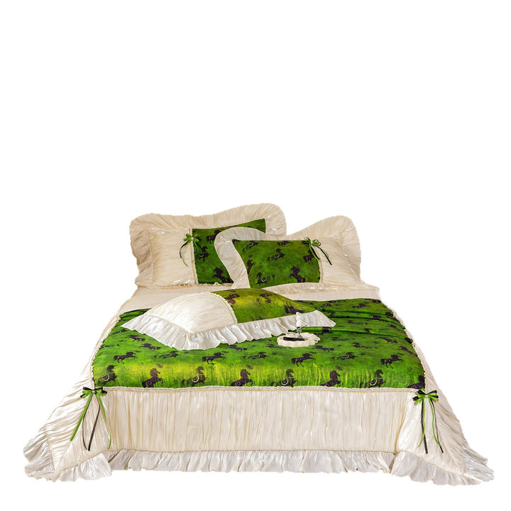 Exclusive satin bedding set with horse print, pleated ruffles and decorative trim