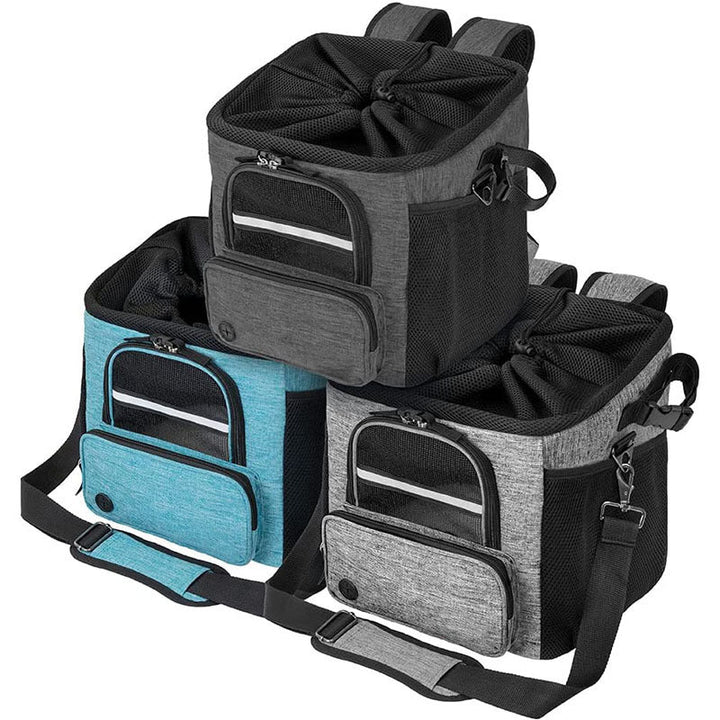 convertible front-mount pet transport backpack with reinforced base, breathable mesh canopy, padded straps and detachable shoulder sling Kalsten