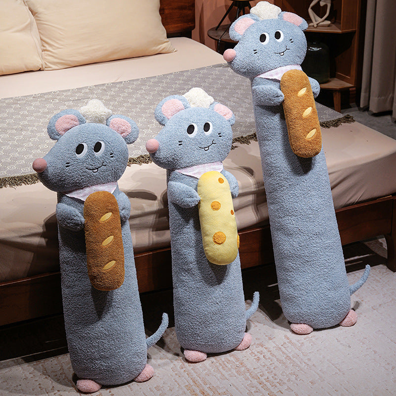 Extra-long plush body pillow mouse with bread appliqué and soft fleece cover