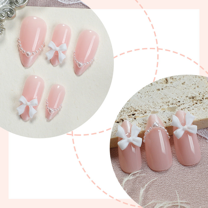 Decorative Press-On Nail Art Set with Elegant Bow and Pearl Accents kalsten