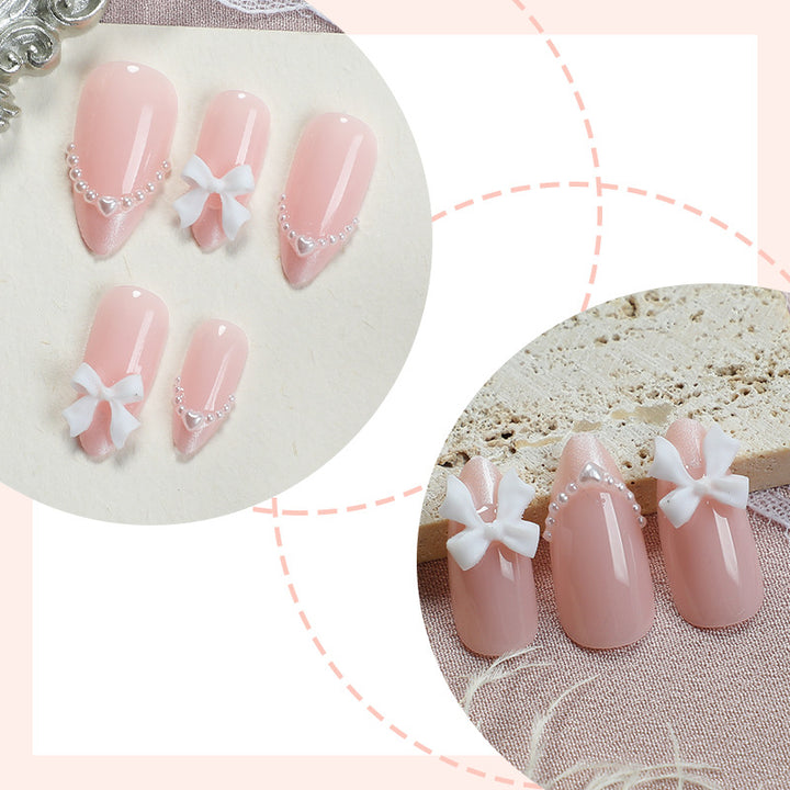Decorative Press-On Nail Art Set with Elegant Bow and Pearl Accents kalsten