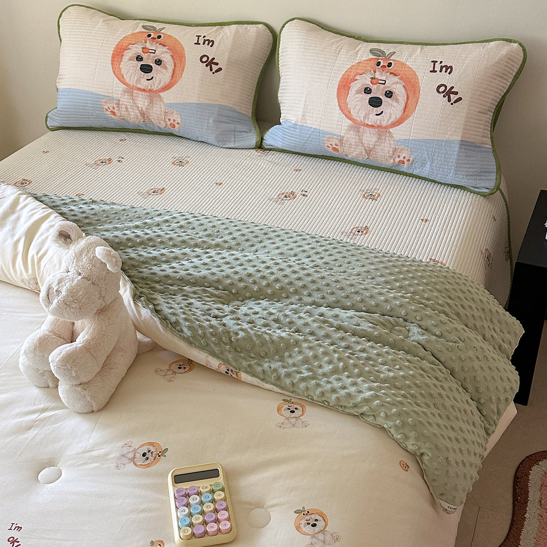 Children's bed set with quilted pillow set, mattress pad, and minky cuddle blanket
