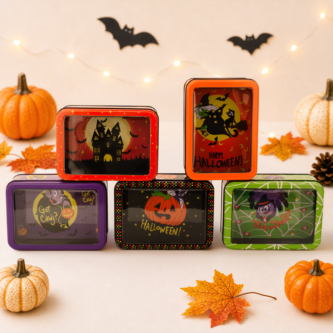 Halloween Metal Box with Viewing Window and Witch Motif