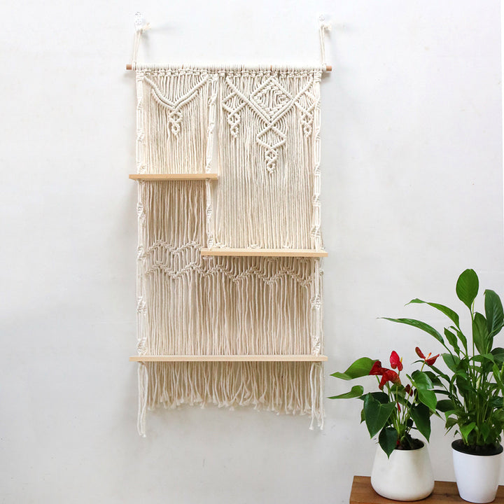 Decorative macrame plant holder with shelves