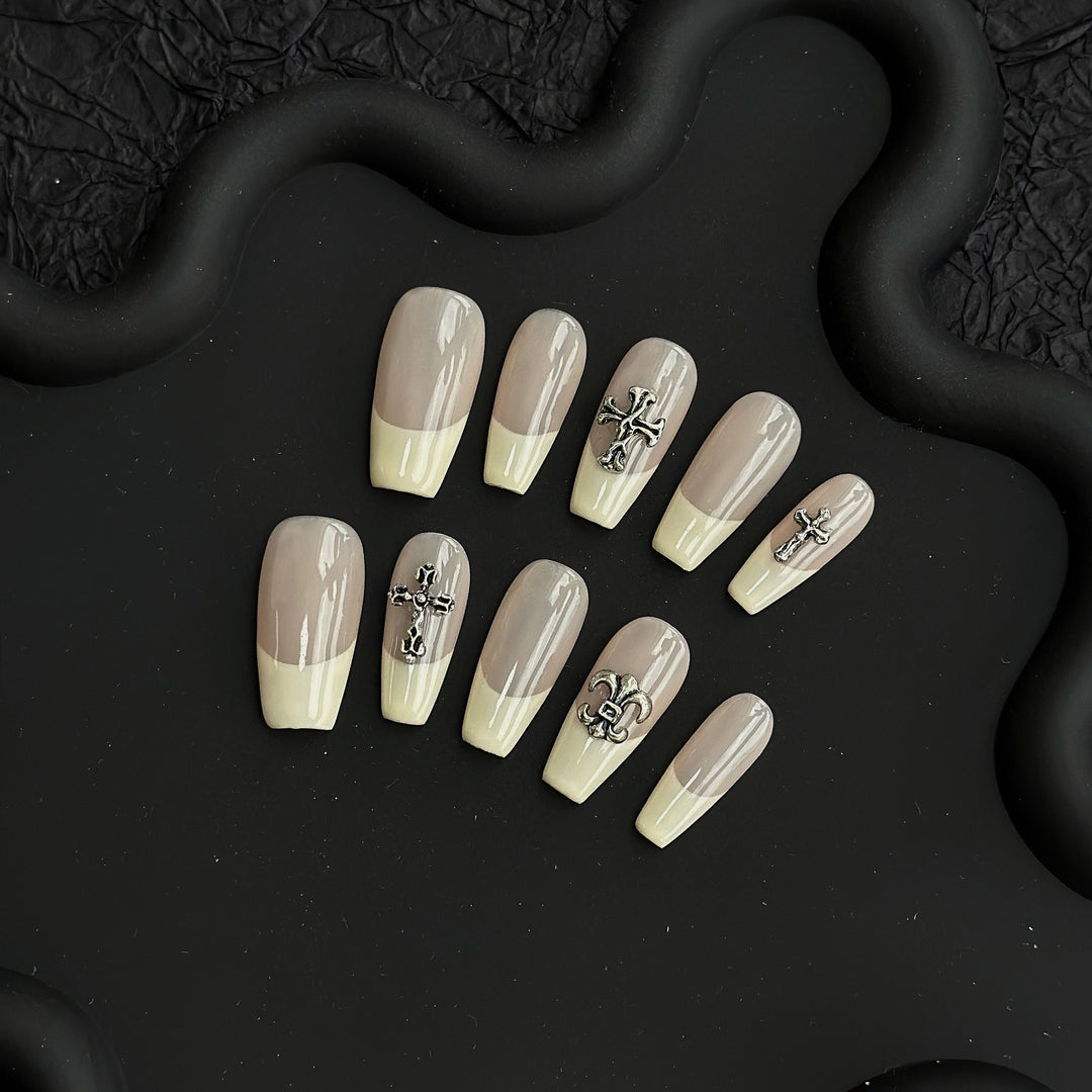 Artisanal Press-On Nails with Cross and Fleur-de-Lis Design