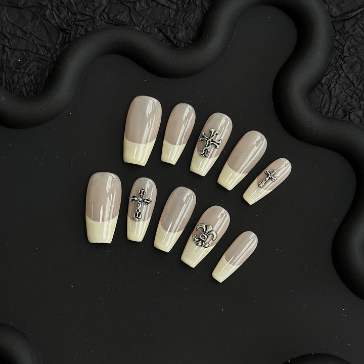 Artisanal Press-On Nails with Cross and Fleur-de-Lis Design