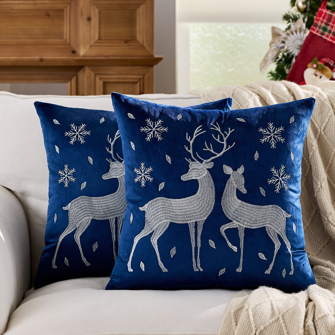 Velvet Embroidered Festive Accent Pillow Cover with Metallic Script