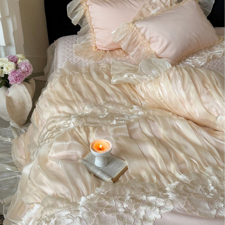 Luxurious satin bedding set with frills and lace trim