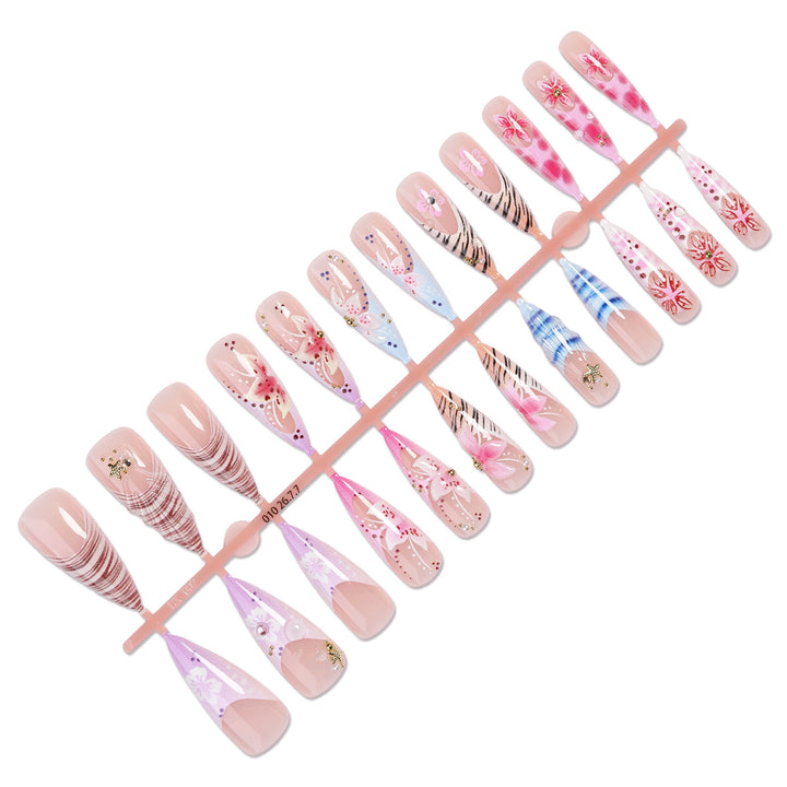 Artistic Press-On Nail Set with Floral and Gemstone Accents kalsten