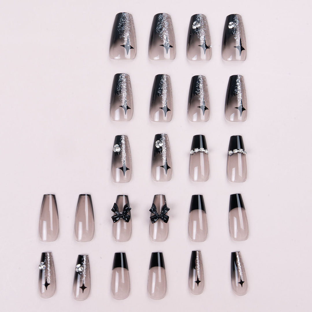 Decorative Press-On Nail Set with Gemstone and Bow Accents