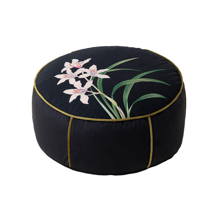 Beef meditation and seat pouf with orchid print and decorative piping