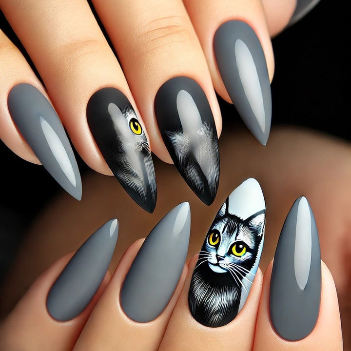 Stylish cat motif artificial nails Kalsten