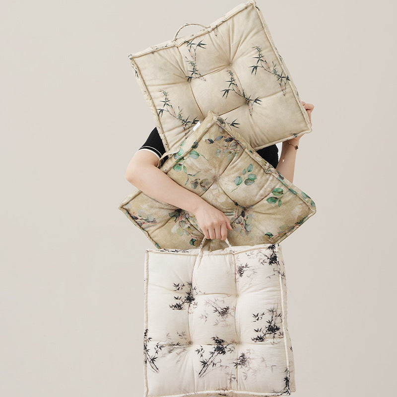 Padded square seat cushion with tufted stitching and fine bamboo print Kalsten