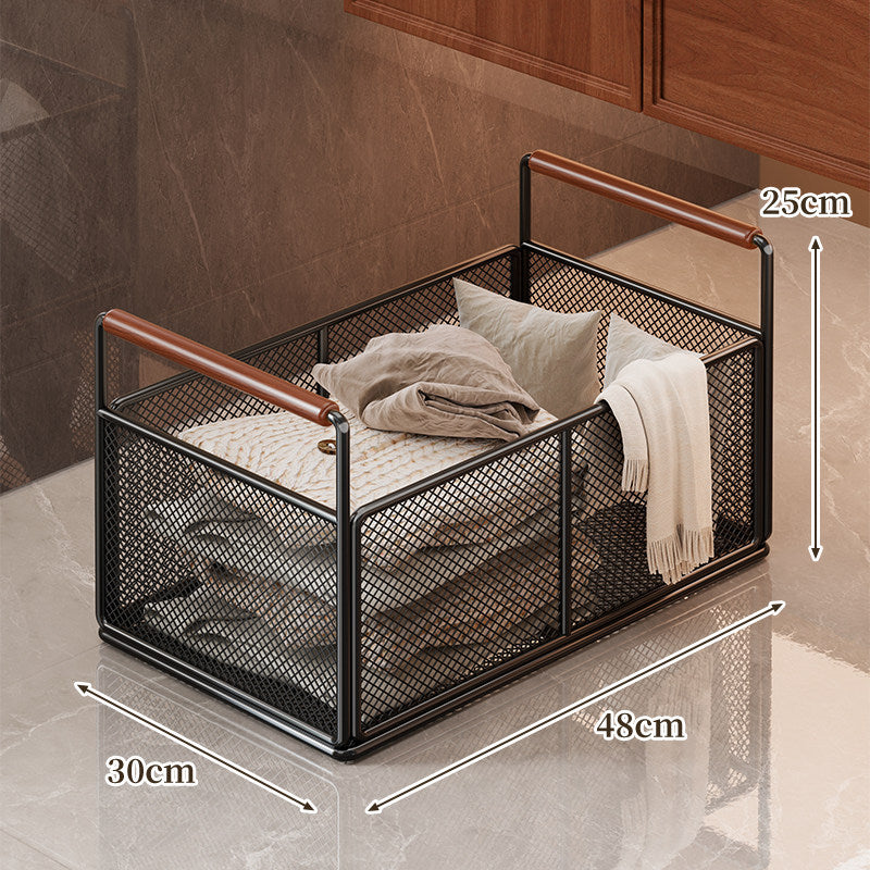Mesh Utility Storage Basket with Wooden Grip Handles for Kitchen and Home Organization